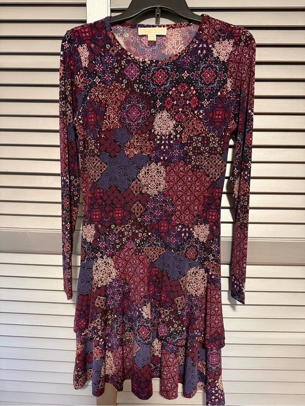 Michael Kors Burgundy and Purple Long-Sleeve Patchwork Dress